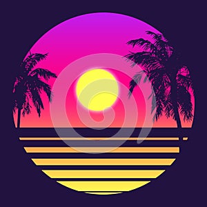 Retro 80s Style Tropical Sunset with Palm Tree.