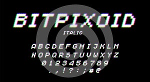 Retro 80s styled typeface with neon glow. Pixel video game 8bit font. Set of retro style latin capital letters, numbers
