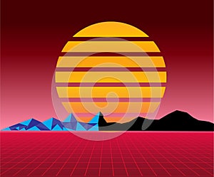 Retro 80s sun landscape futuristic. Sci-fi background 80s style. Suitable for any print design in 80s style