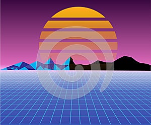 Retro 80s sun landscape futuristic. Sci-fi background 80s style. Suitable for any print design in 80s style