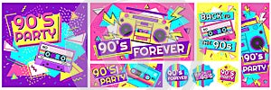 Retro 90s music party poster. Back to the 90s, nineties forever banner and retro funky pop radio badge vector