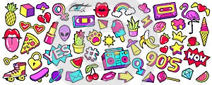 Retro 90s patches. Cartoon mouth lips stickers, nineties pop badges and trendy 1990s sneakers vector set.