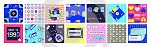 Retro 90s stickers. Abstract colorful 1990s square posters, nostalgia elements and patterns, vintage browser dialog tab