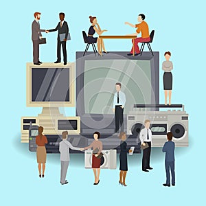 Retro 90s technology multimedia and communication business people vector illustration. Nineties multimedia electronic