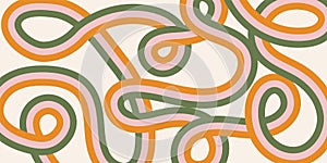 Retro abstract curves vector background in style 60-70s. Pastel color stripes on beige backdrop. Groovy waves design