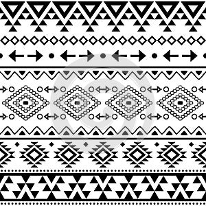 Tribal geometric Aztec seamless vector pattern, Navajo repetitive design in black pattern on white background