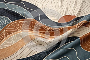 Retro abstract fabric pattern with organic fluid waves in earth-tone colors.