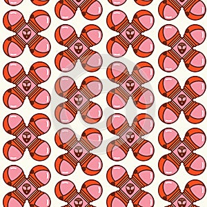 Retro abstract floral pattern featuring astronaut helmets and alien faces in pink and orange photo