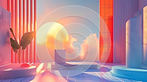 retro Abstract landscape scene for product display, nature landscape with geometric figures photo