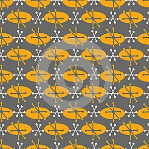 Retro abstract oval and star burst vector seamless pattern background. Mid century backdrop in brown and orange