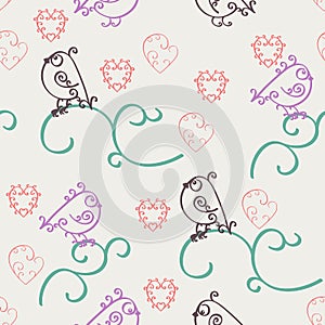 Retro abstract valentine seamless pattern. Romantic nostalgia design with curls, hearts and birds. Can be used for web page backgr