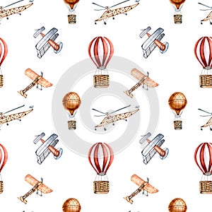 Retro air planes vintage style watercolor seamless pattern isolated on white.