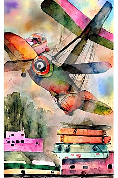 retro airplane abstract watercolor painting on paper, acrylic, Ai generated