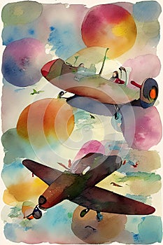 retro airplane abstract watercolor painting on paper, acrylic, Ai generated