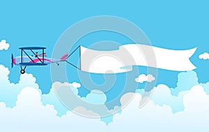 Retro airplane with a banner. Biplane aircraft pulling advertisement banner. Plane with white ribbon for message area