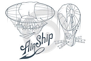 Retro Airship. Balloon. Retro Ship hovering in the air. Flying Dutchman.