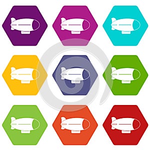 Retro airship icon set color hexahedron