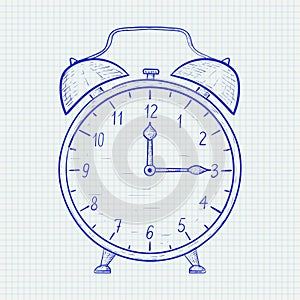 Retro alarm clock. Hand drawn sketch on lined paper. Quarter past twelve