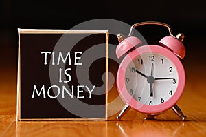 Retro alarm clock and the text `time is money`.