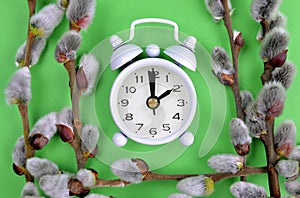 Retro alarm clock with willows branches on green background.