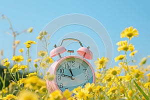 Retro alarm clock among yellow flowers, spring saving time concept, generative ai