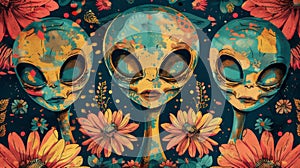 Aliens surrounded by floral patterns, bright and vibrant colors. Retro futurism, sci-fi inspiration photo