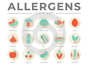 Retro Allergens Icon Set. Allergens, Mushroom, Shellfish, Fish, Egg, Garlic, Milk, Soy Red Meat, Celery, Fruit, Seed, Legume and