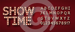 Retro alphabet from Edison lamps. For registration of advertising signs, banners, posters.