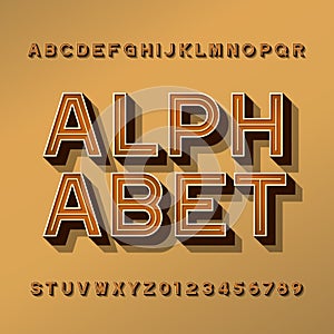 Retro alphabet typeface. 3D effect letters, numbers and symbols with shadow.