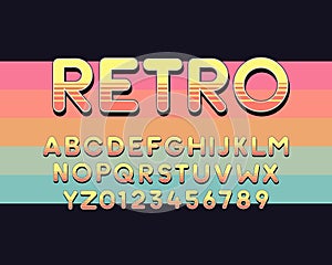 Retro alphabet in yellow and orange stripes. Vector round and bold font. Cartoon, anime, videogames and other subjects
