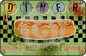 retro american diner sign with hot dog, fast food vintage sign concept, worn and weathered, vector eps