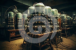 retro analog devices for industry and scientific research and measurements, in the interior of a factory laboratory, the