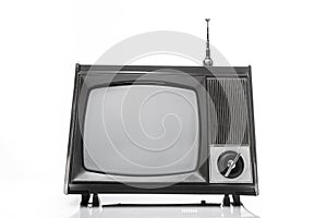 Retro analog portable black and white TV set with antena