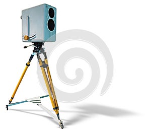 Retro ancient TV Professional studio old video camera on tripod isolated on white background