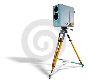 Retro ancient TV Professional studio old video camera on tripod