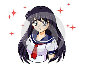 Retro anime girl with black hair in japanese school uniform