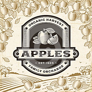 Retro apples label on harvest landscape