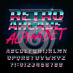 Retro arcade alphabet font. Metallic effect shiny oblique letters and numbers.