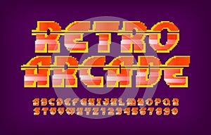 Retro Arcade alphabet font. Pixel letters, numbers and symbols.