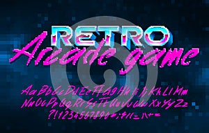 Retro Arcade Game alphabet font. Pixel script letters, numbers and punctuations.