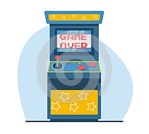 Retro arcade game machine with game over message on screen. Entertainment gambling equipment with joystick and display