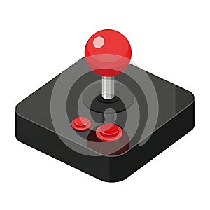 Retro arcade joystick with red buttons on black base