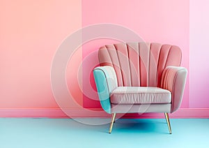 Retro armchair in pink and blue pastels on a dual-tone pink background. Vintage-style chair with golden legs on a pink and blue