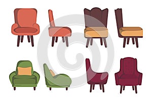 Retro armchair set. Soft upholstery chair, comfortable seat, lobby, lounge room, living, bedroom furniture. Vector flat