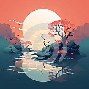 Retro Asian Illustration: Tree In Water At Sunset photo