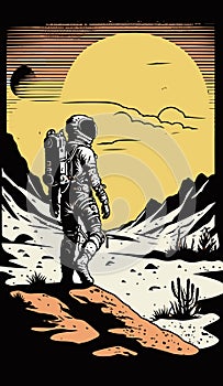 Retro astronaut on mars, illustration