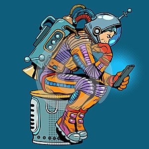 Retro astronaut with a smartphone