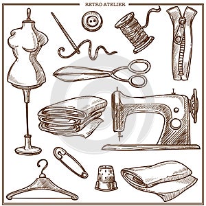 Retro atelier or dressmaker tailor salon equipment vector sketch icons