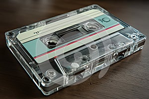 Retro audio cassette lies still, its spools frozen in nostalgic quiet photo