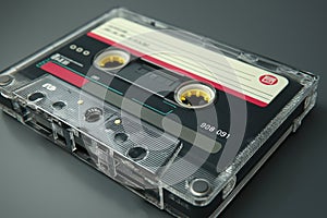 Retro audio cassette lies still, its spools frozen in nostalgic quiet photo